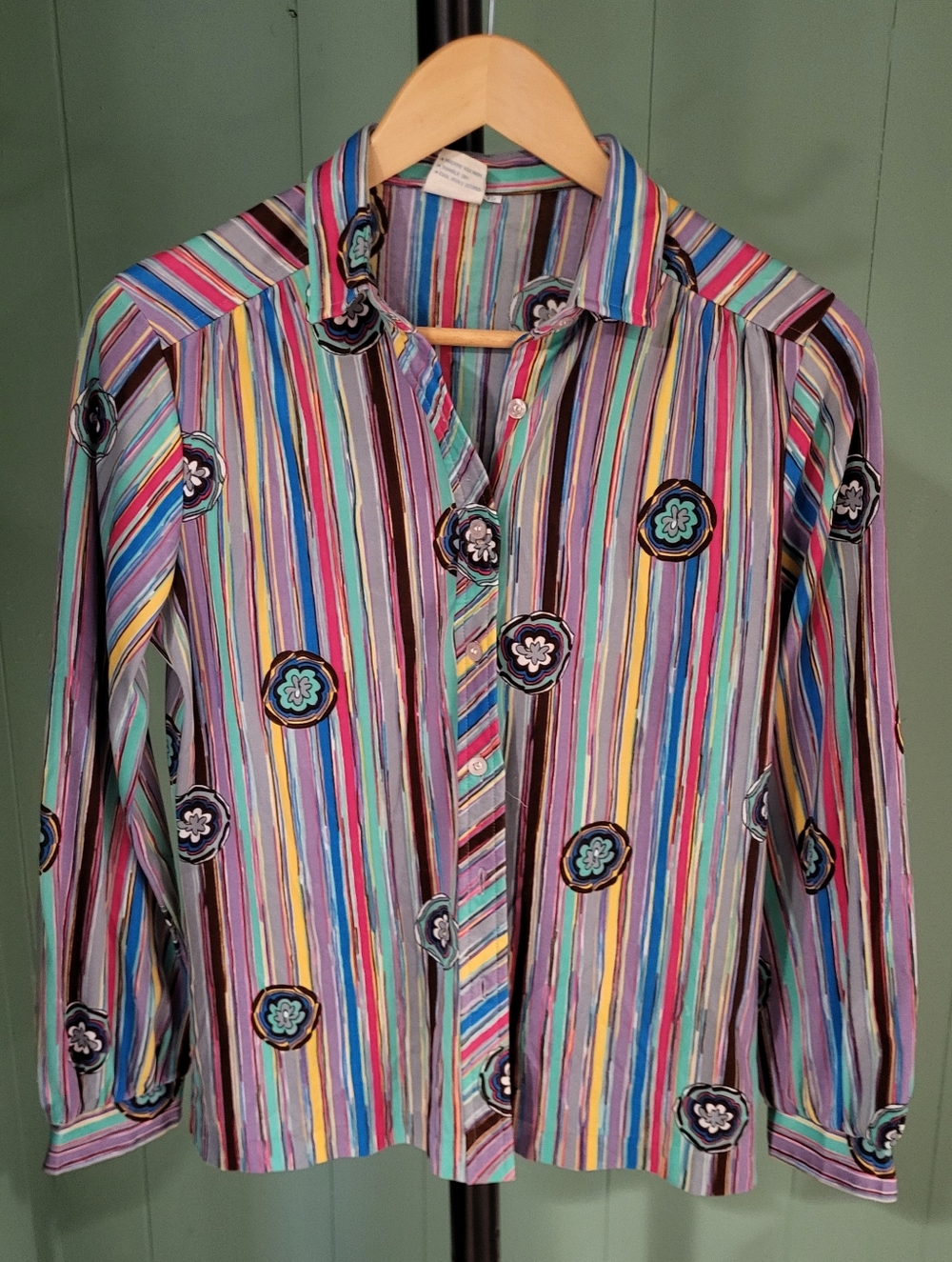 Vintage 70's Multicolor Striped Blouse with Floral Medallions, Size 12, Fun!